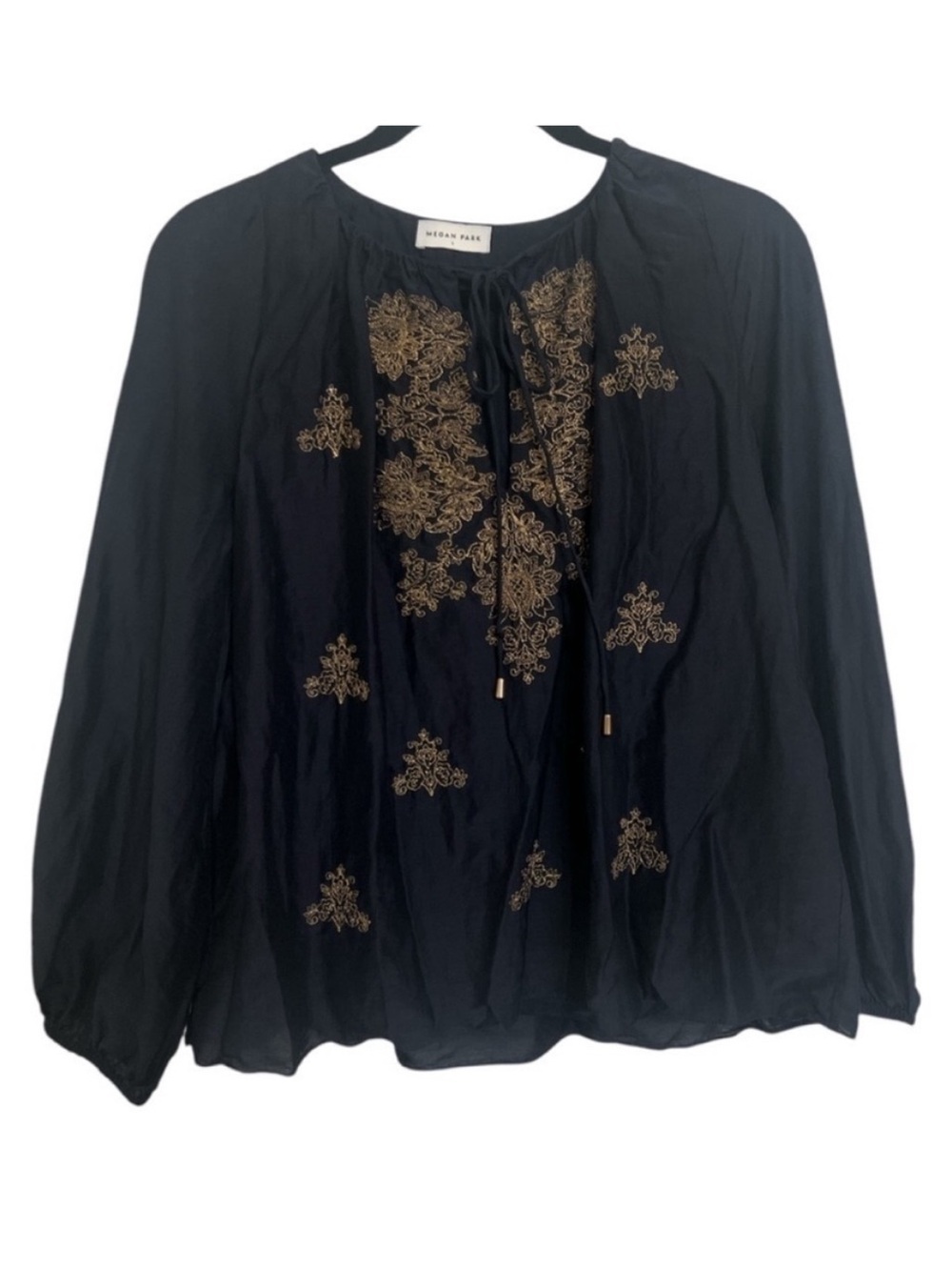 Megan Park Cotton Silk Embroidered Boho Blouse Navy Gold Size 1 Small